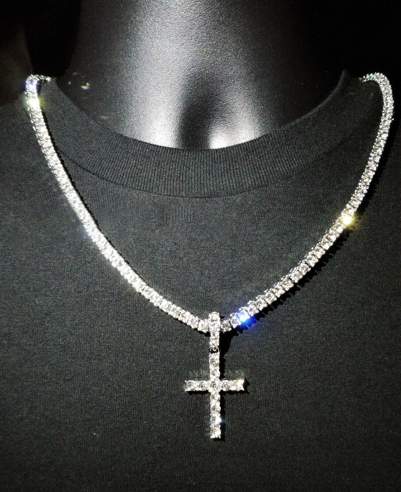 14k Gold Plated Tennis Chain Cross Pendant CZ Choker Necklace ICED Jewelry 4MM