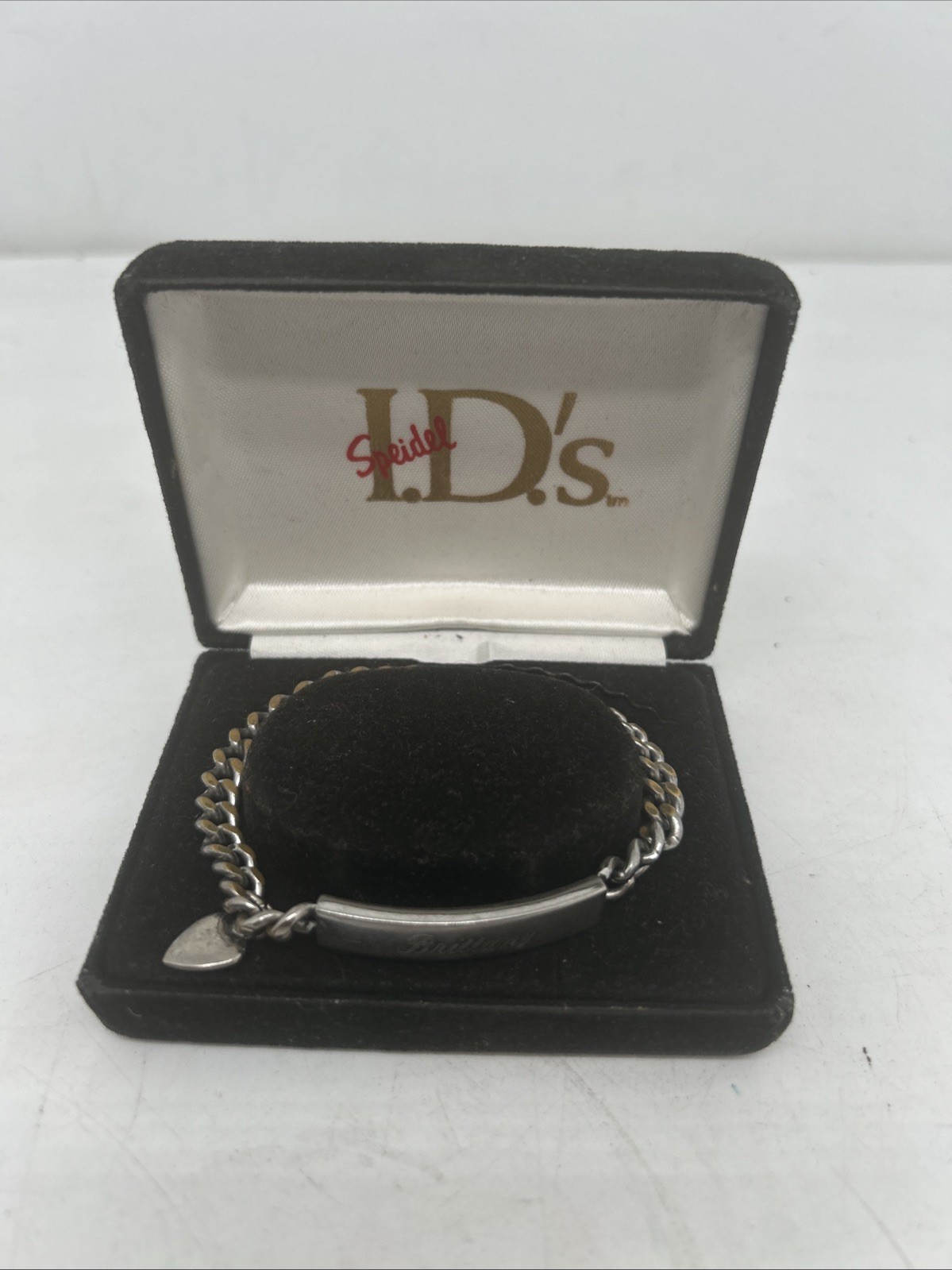 Vintage Speidel ID Bracelet Rhodium Electroplated USA Engraved Brittany J65