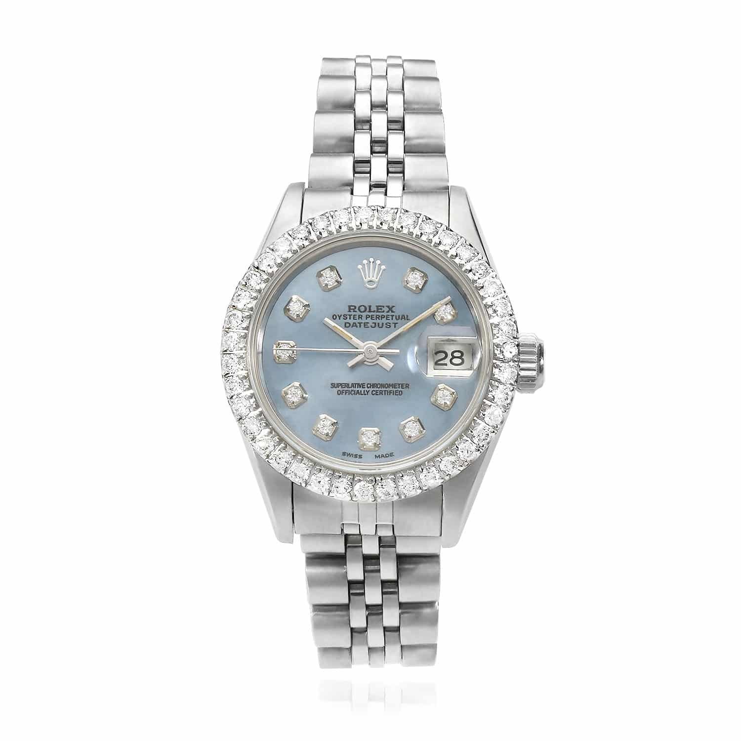 Rolex Datejust Custom Blue MOP Diamond Dial Bezel Jubilee Band 26mm Watch