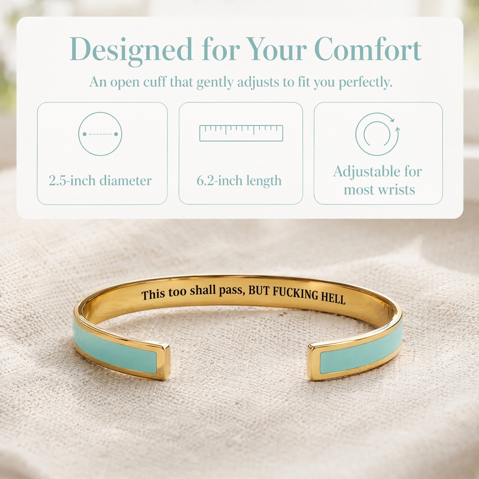 This Too Shall Pass Engraved Cuff Bracelet Stainless Steel Inspirational Secret