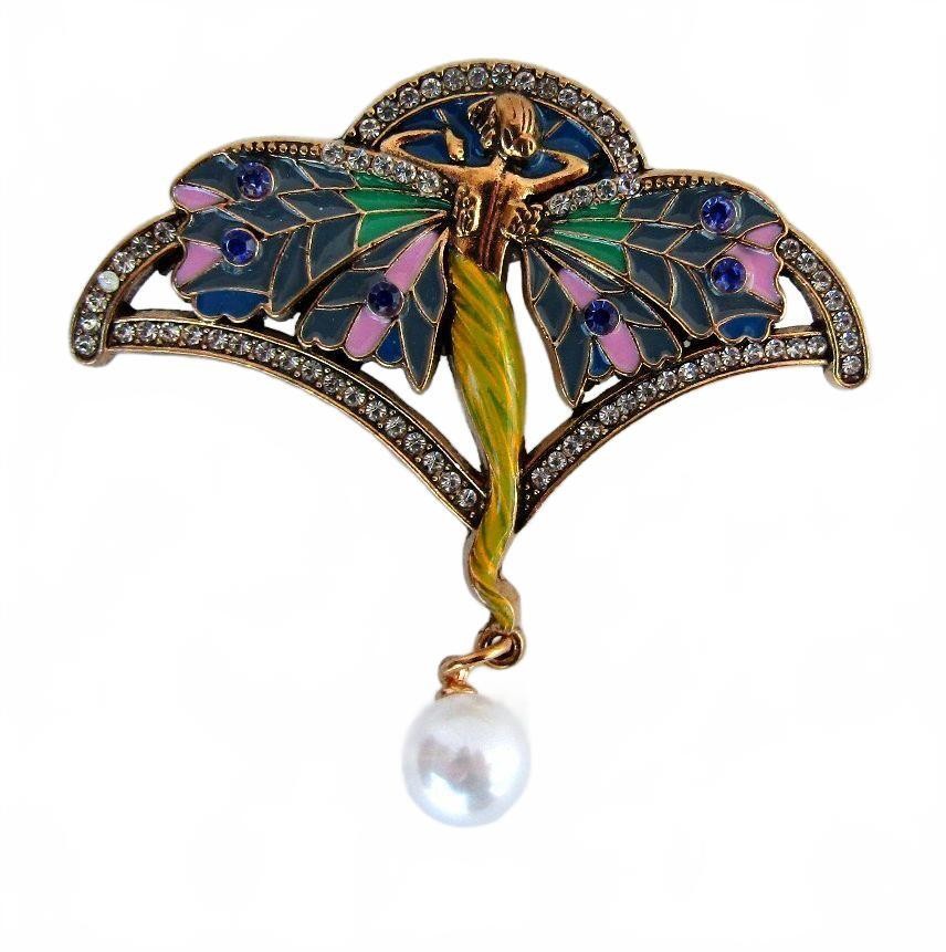 Vintage Art Nouveau Style Fairy Brooch with Enamel, Clear Crystals & Pearl Drop