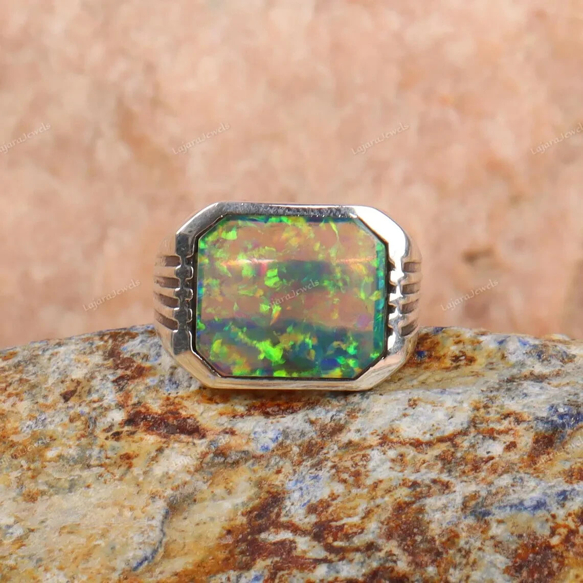 Rainbow Fire Opal Ring, 925 Sterling Silver Mens Signet Ring, Gift For Boyfriend