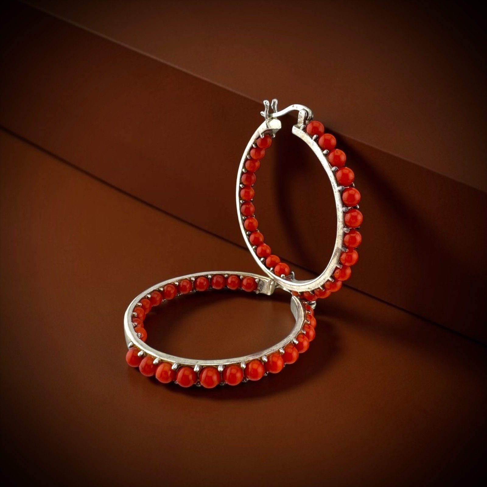 Vintage Sterling Silver Red Gemstone Inside Out Hoop Earrings 1.35″