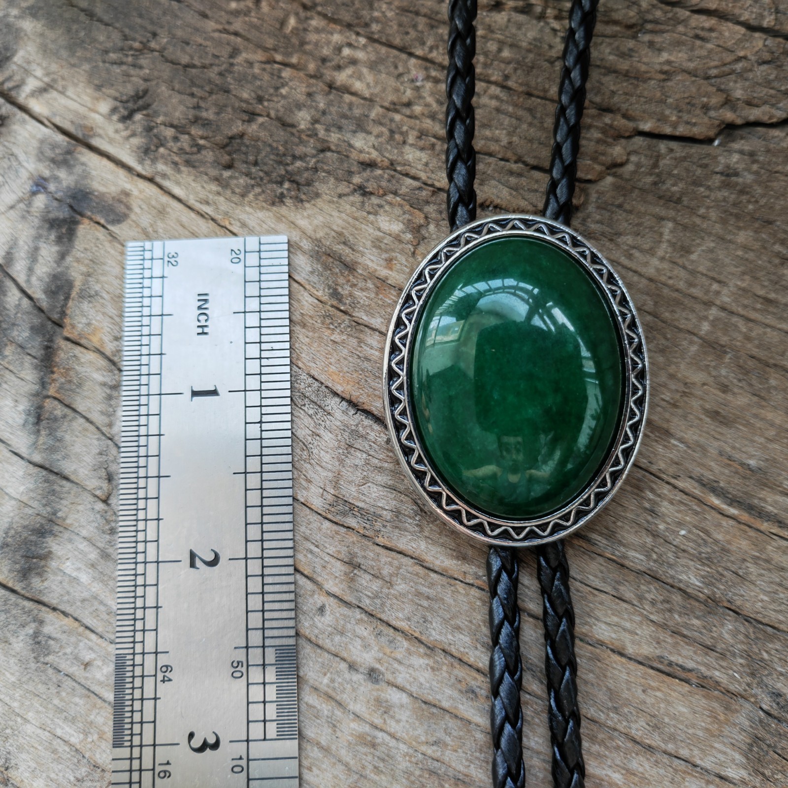 Dark Green Jade Mens Bolo Tie Wedding Necklace PU Leather Rope Western Cowboy