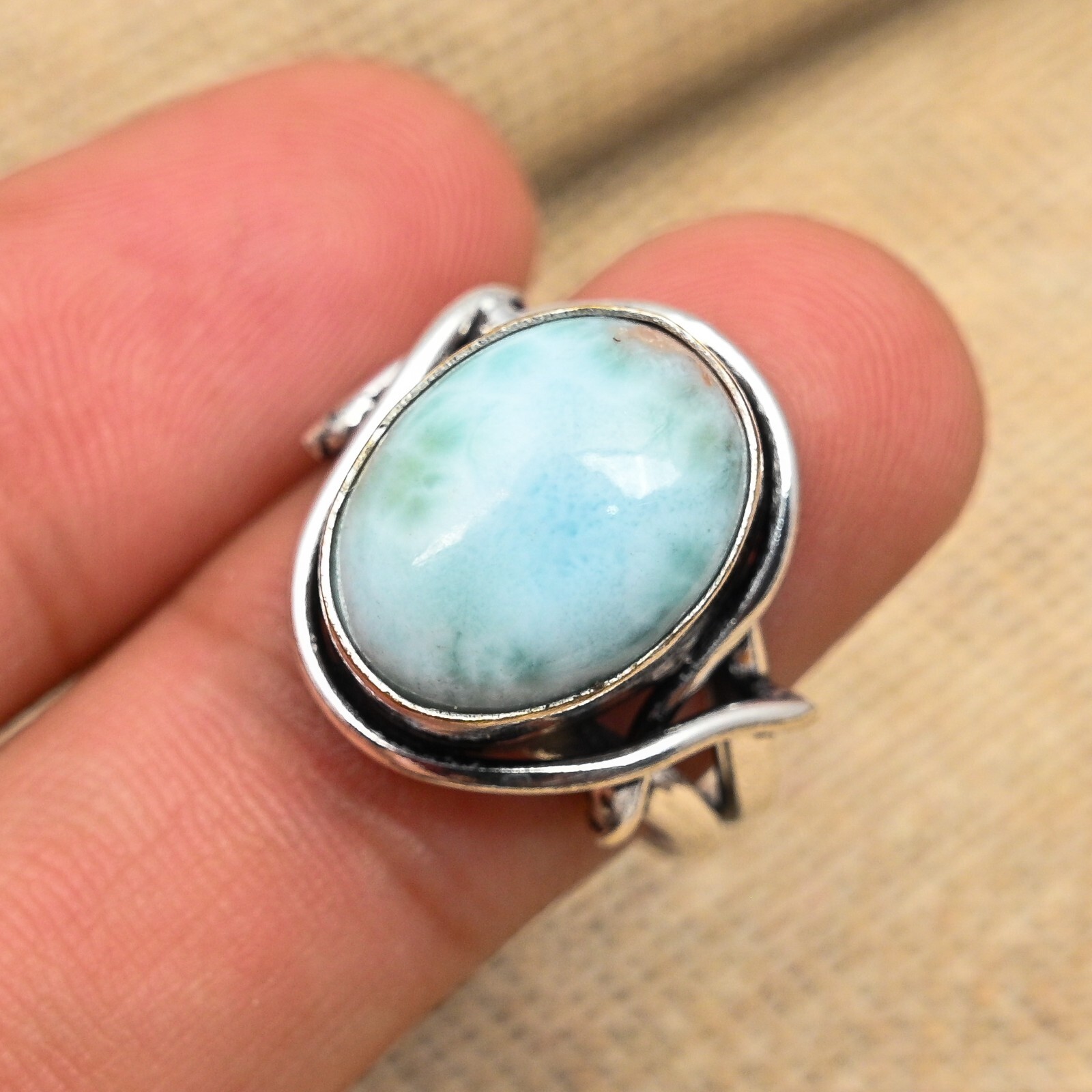 Larimar Gemstone Handmade Solid 925 Sterling Silver Ring Jewelry