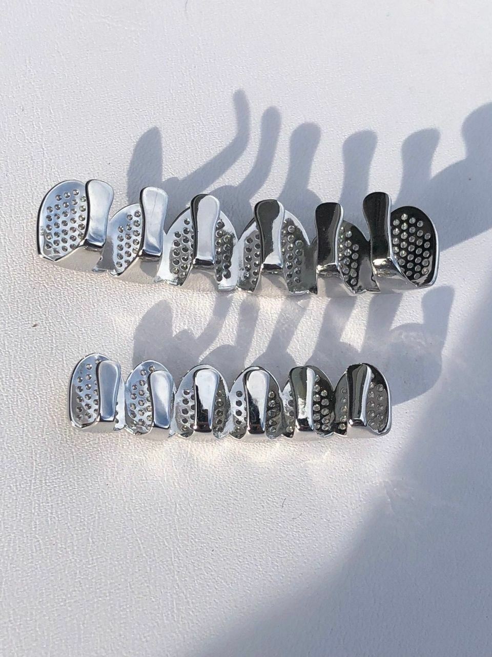 SOLID 925 Silver Simulated Diamonds Custom GRILLZ Teeth Top Bottom Set HipHop CZ