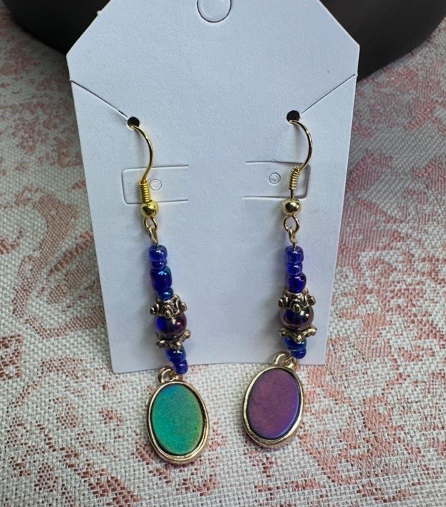handcrafted blue green gold abalone shell like beaded oval earrings
