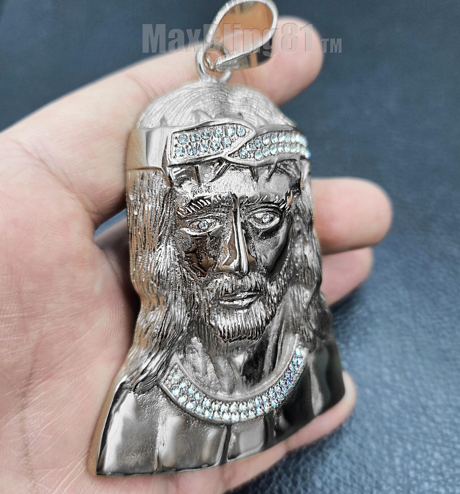 Stainless Steel Large Portrait Jesus Cubic Zirconia Charm Pendant Religious S-97