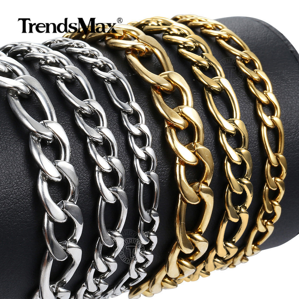 3/5/7/9mm Silver/Gold Plated Stainless Steel Figaro Link Chain Bracelet 7-10 in