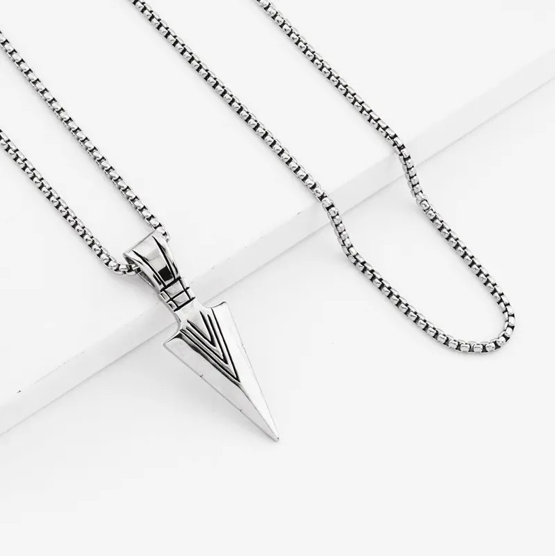 Silver Arrowhead Mens Arrow Pendant Necklace 24″ Chain – Native American Style