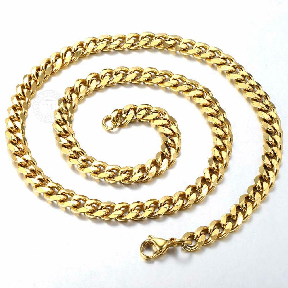 7mm 16-36″ Men Curb Cuban Chain Necklace Gold Plated Stainless Steel Summer Gift