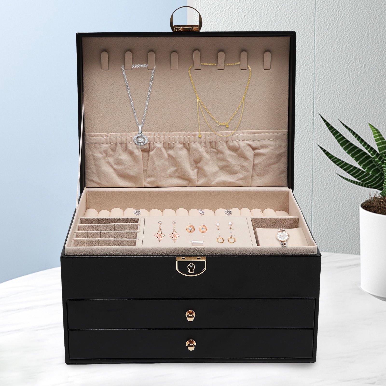 PU Watch Storage Box with Drawer Jewelry Organizer Watch Holder Display Case
