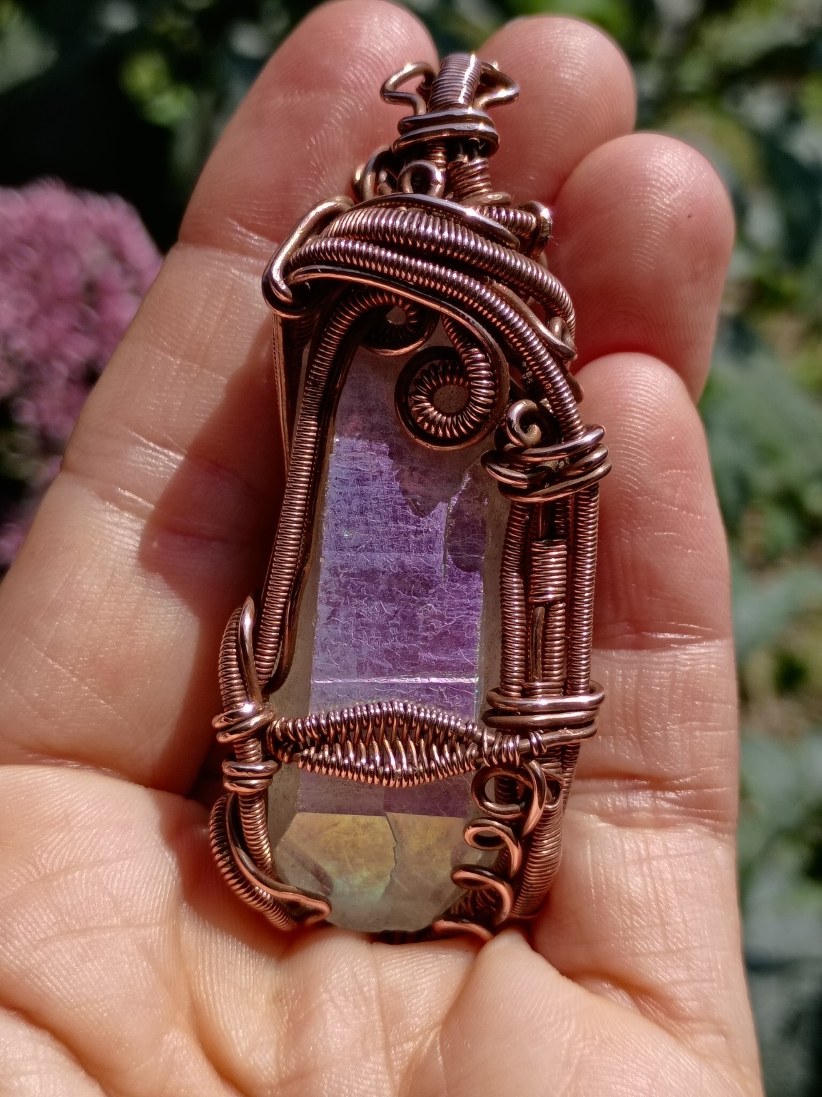 Angel Aura Quartz Crystal Wire Wrap double terminated Copper Pendant Necklace