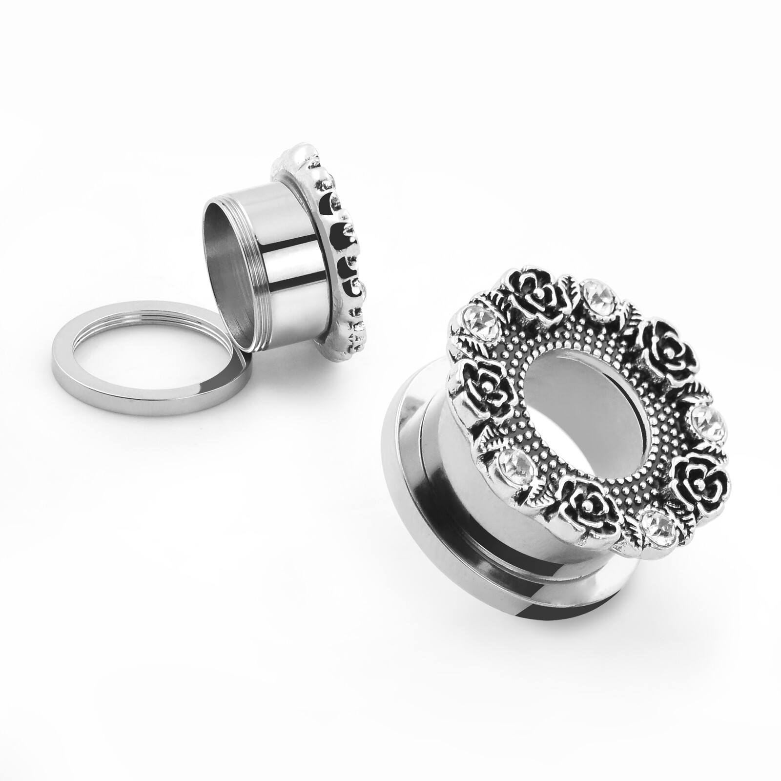 Pair Ear Gauges Stainless Steel Ear Plugs Flesh Tunnels Gem Flower Shell 6-25MM