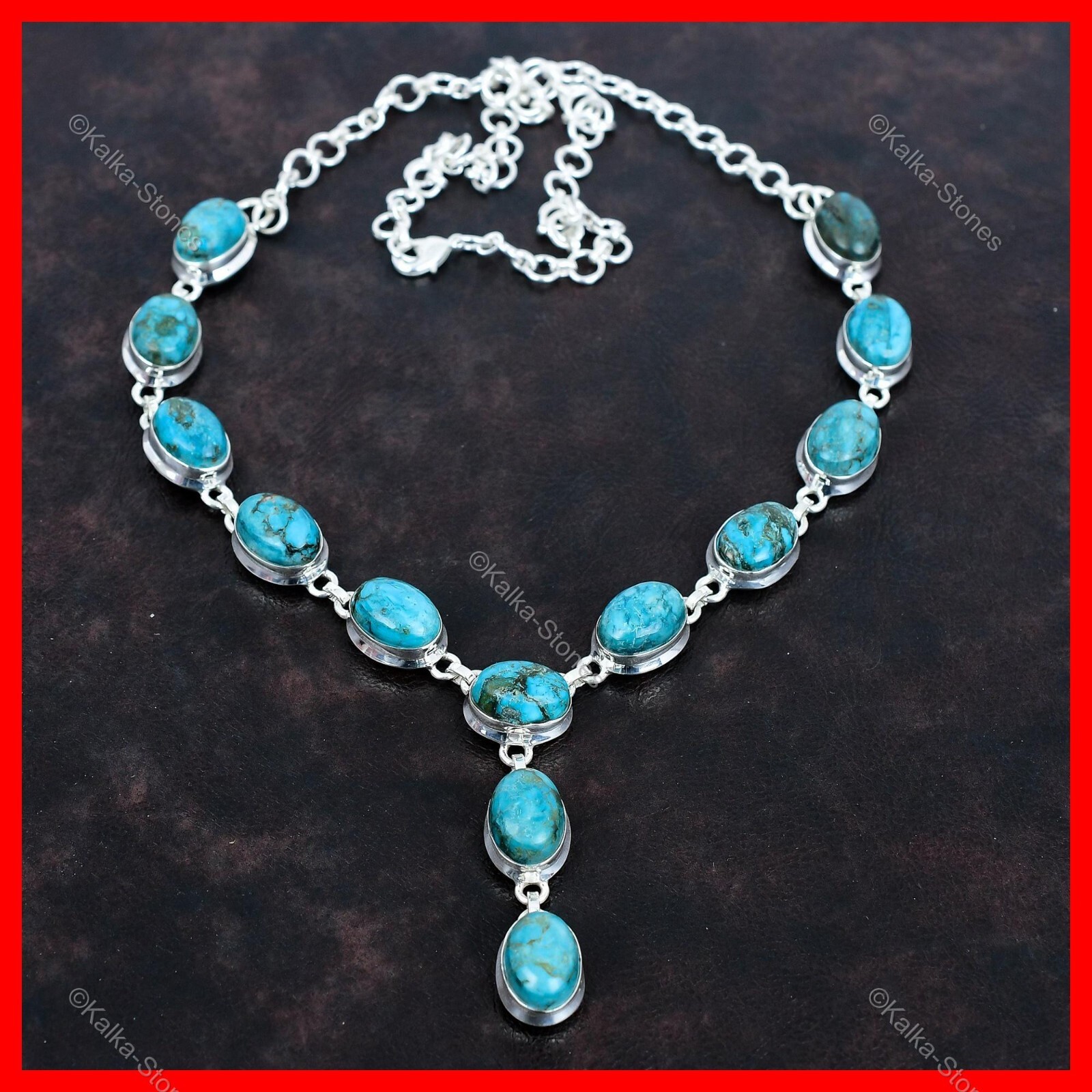 Oval Tibetan Turquoise Stone Chain Engagement Necklace Jewelry Sterling Silver