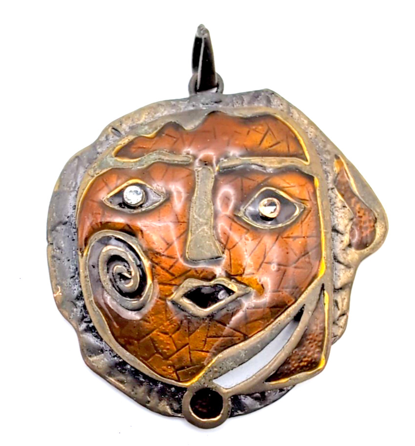 VTG Modernist Mixed Metals Face Pendant Gold Tone Textured Boho Cz Eyes Art Nice