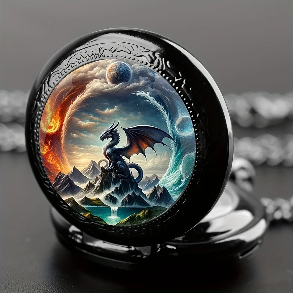 Multi Color Dragon Animal Design Antique Necklace Pendant Quartz Pocket Watch