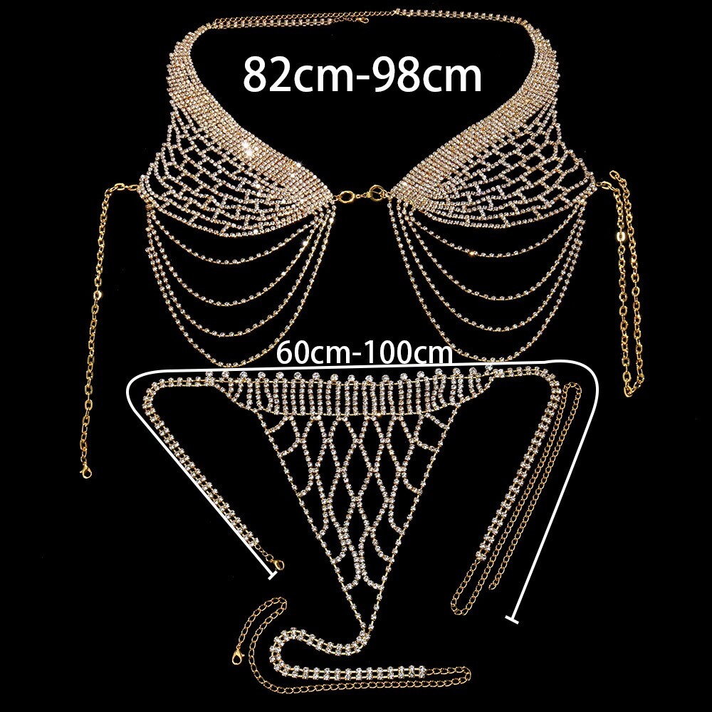 Sexy Women Rhinestone Tassel Bikini Body Chain G String Thong Bra Set Underwear
