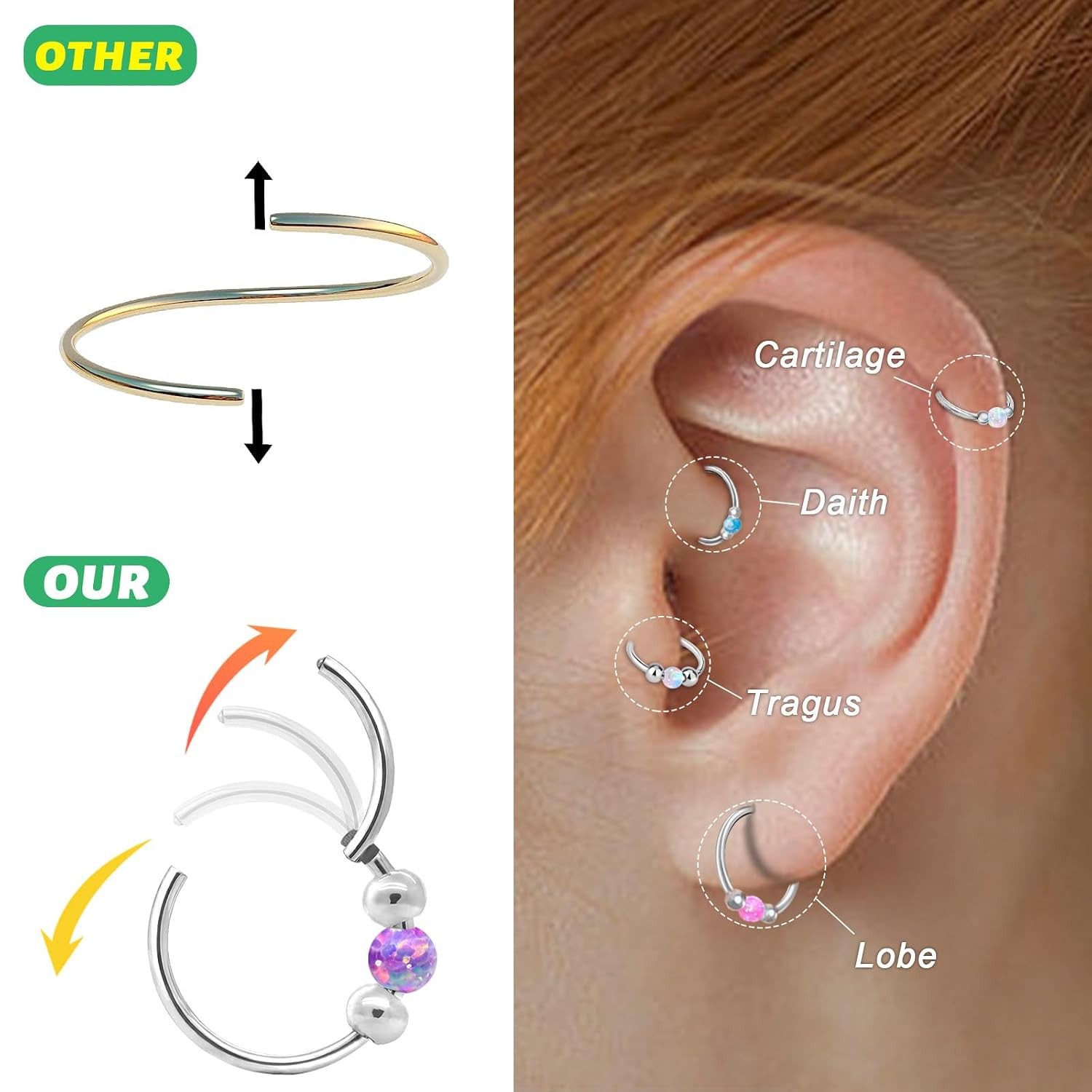 Thiswhyimbeauty 2PCS 18g Opal Nose Rings for Women Nose Hoops 8mm/10mm Hypoaller
