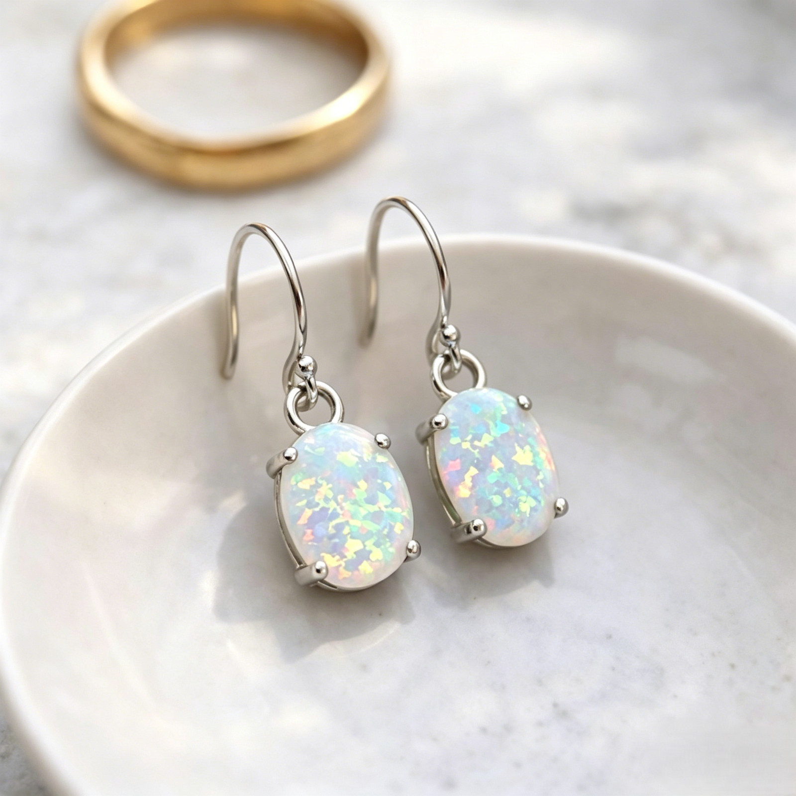 White Opal Dangle Earrings – Sterling Silver Plated Oval Fire Opal Drop Earrings