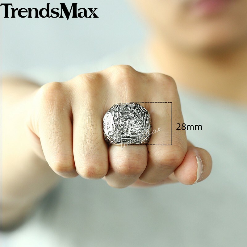 Mens Boys 8-13 Cross Crown Silver 316L Stainless Steel Ring Knight Signet Gift