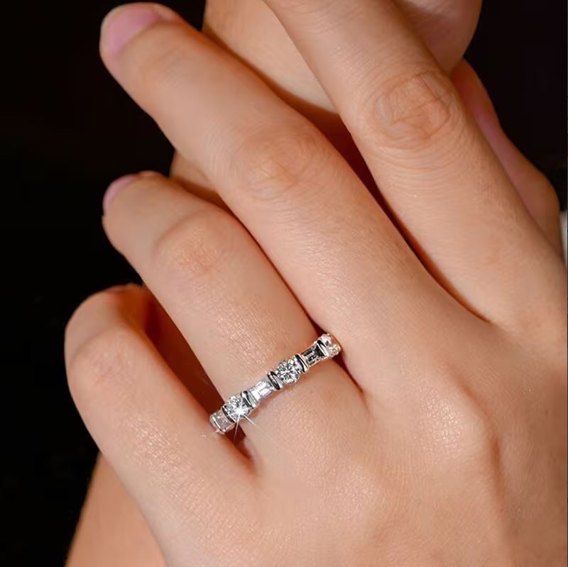 Full Eternity Moissanite Band Ring Round & Baguette 14K Yellow Gold Wedding Band