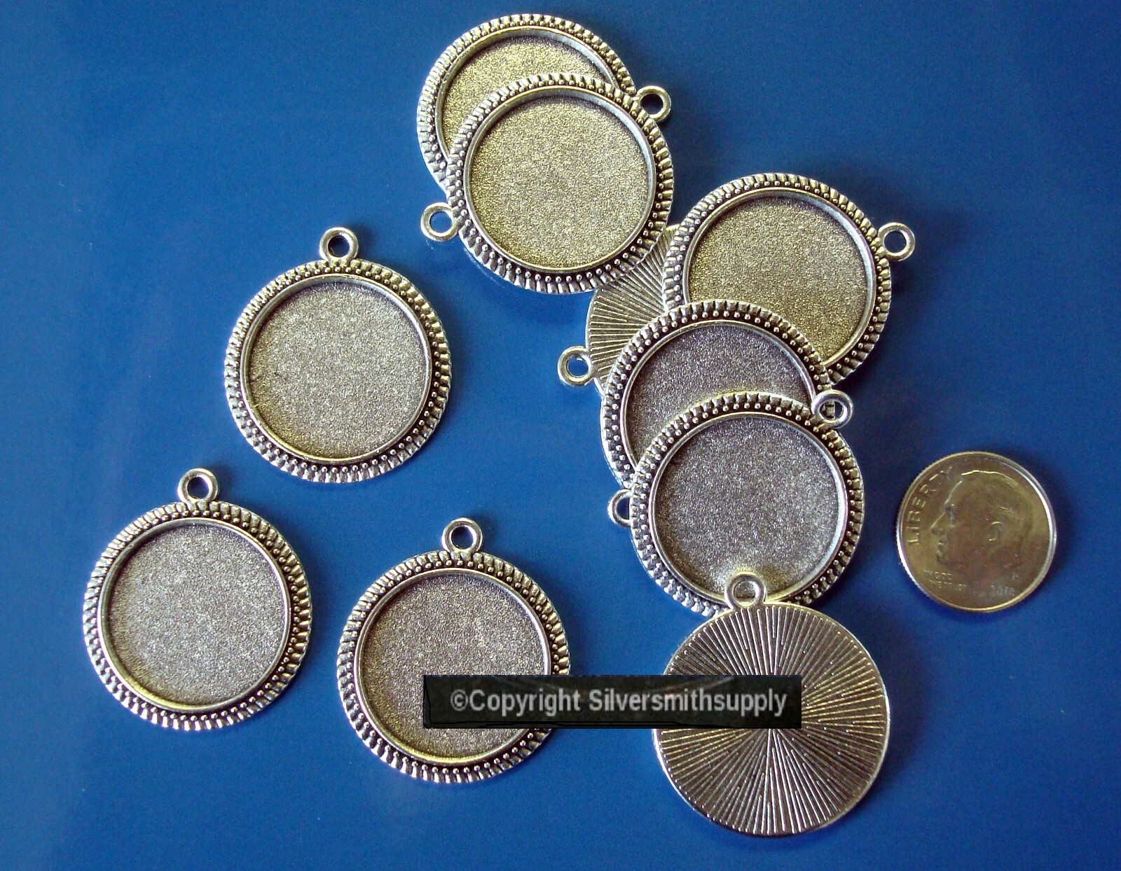 10 Bezel cup tray settings Silver pl holds 20mm cabochon bailed pendants FPP003B