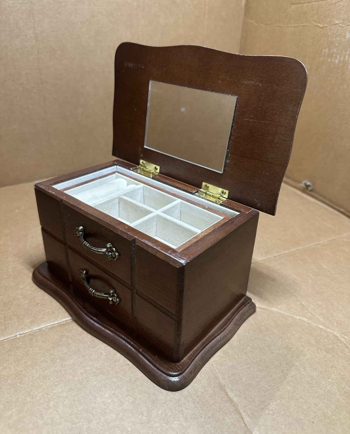 Wood Jewelry Box Brown Mirror Lid Velvet Lined 2 Drawers Organizer Tray 11in
