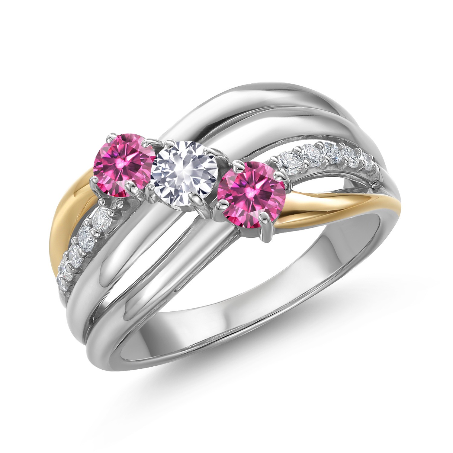 925 Silver and 10K Yellow Gold Pink Moissanite and White Created Sapphire and