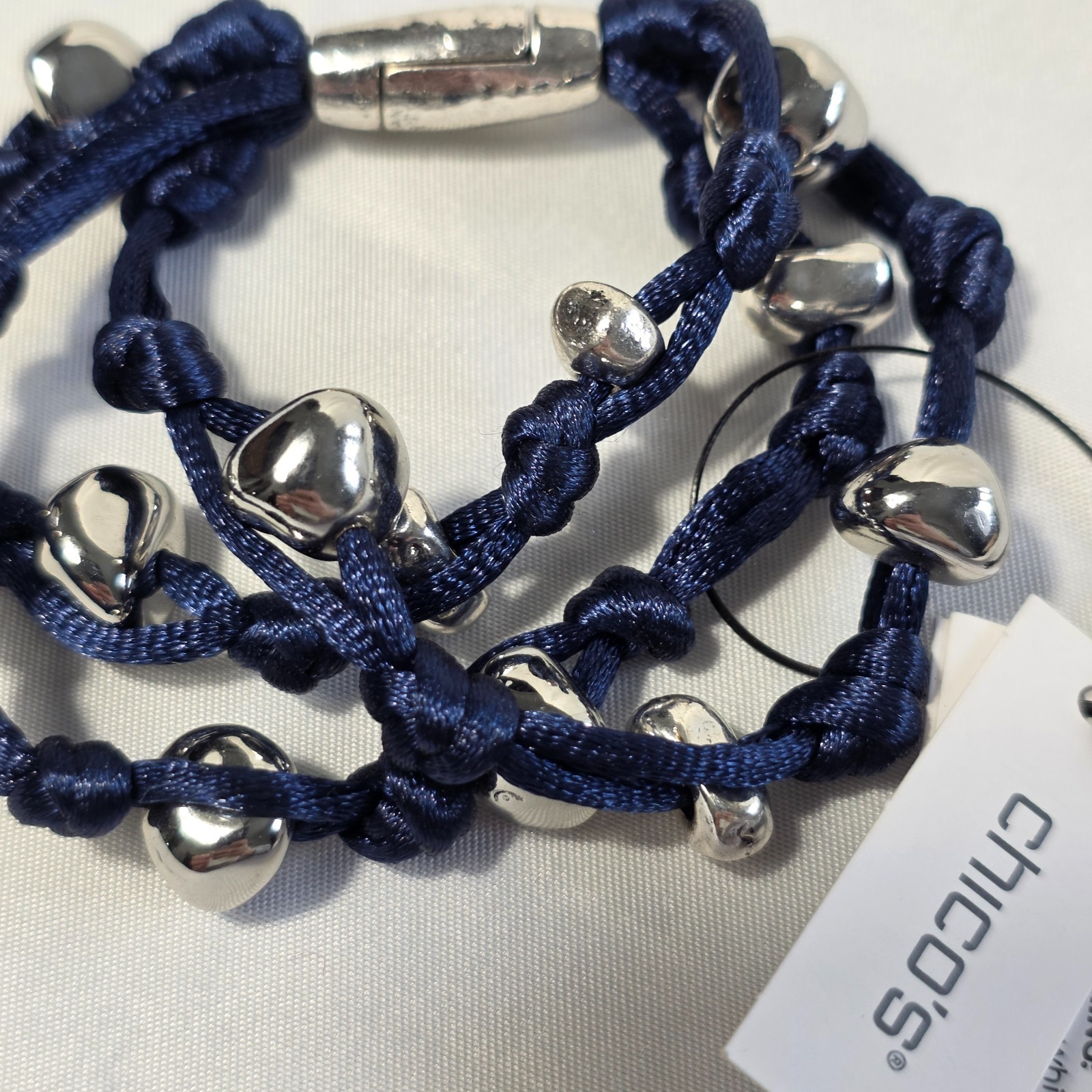 Chico’s Blue Silk Cord Multi-Strand Knotted Bracelet Silver Pebble Beads NEW