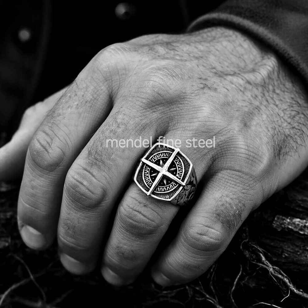 MENDEL Mens Nautical North Star Compass Biker Ring Stainless Steel Size 7-15
