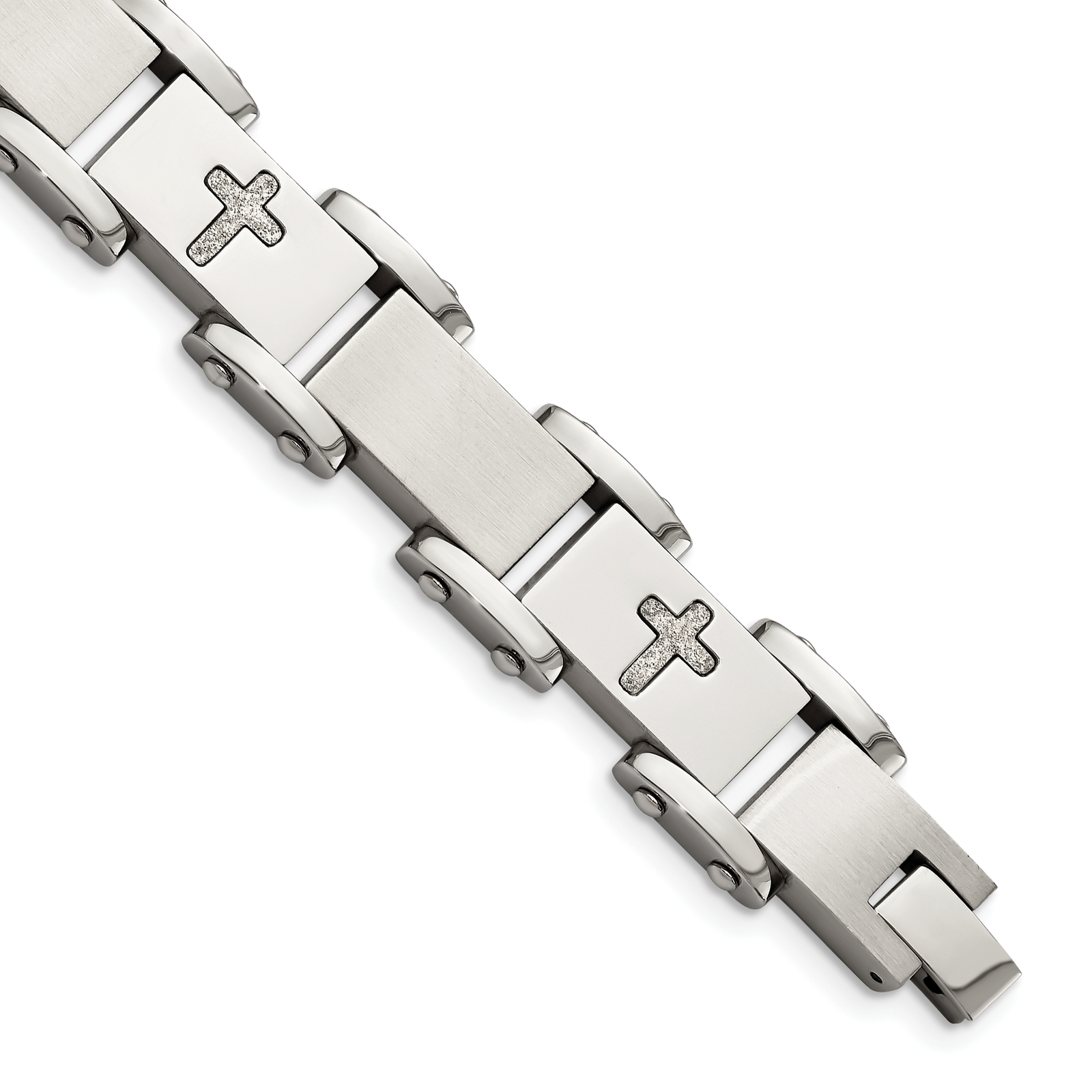 Chisel Stainless Steel Brushed Polished and Laser Cut Crosses 8.75 inch Link Bra