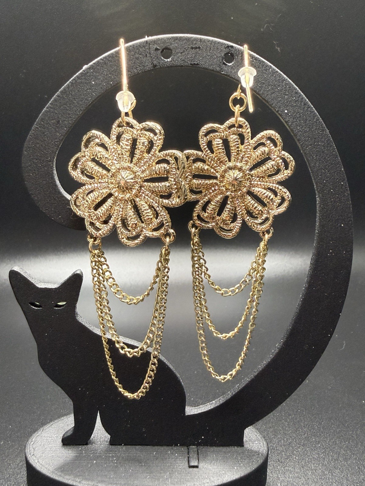 Bijoux Bar Gold Tone Flower Dangle Drop Hook Earrings Clear Round Crystal