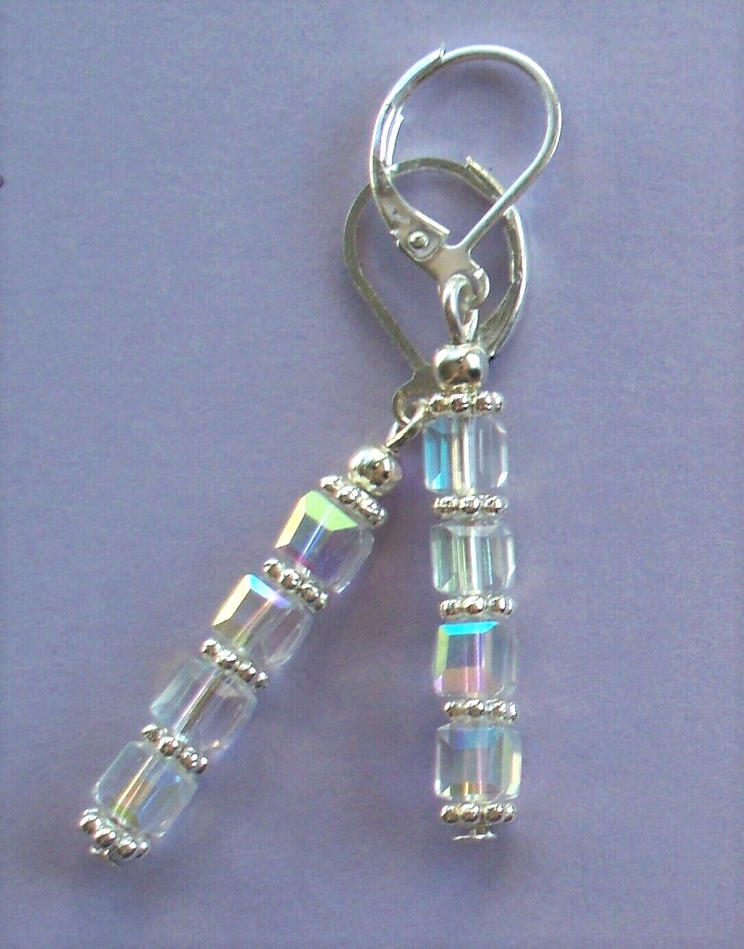 AB CRYSTAL cube earring SP LEVER BACK hand crafted X2