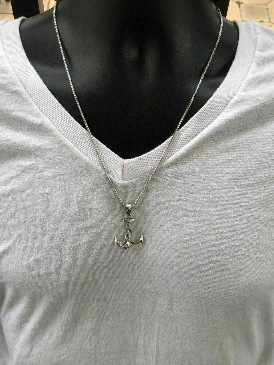 Solid 925 Sterling Silver Nautical NAVY Anchor Mens Pendant W. 22” Chain 1×1.5”