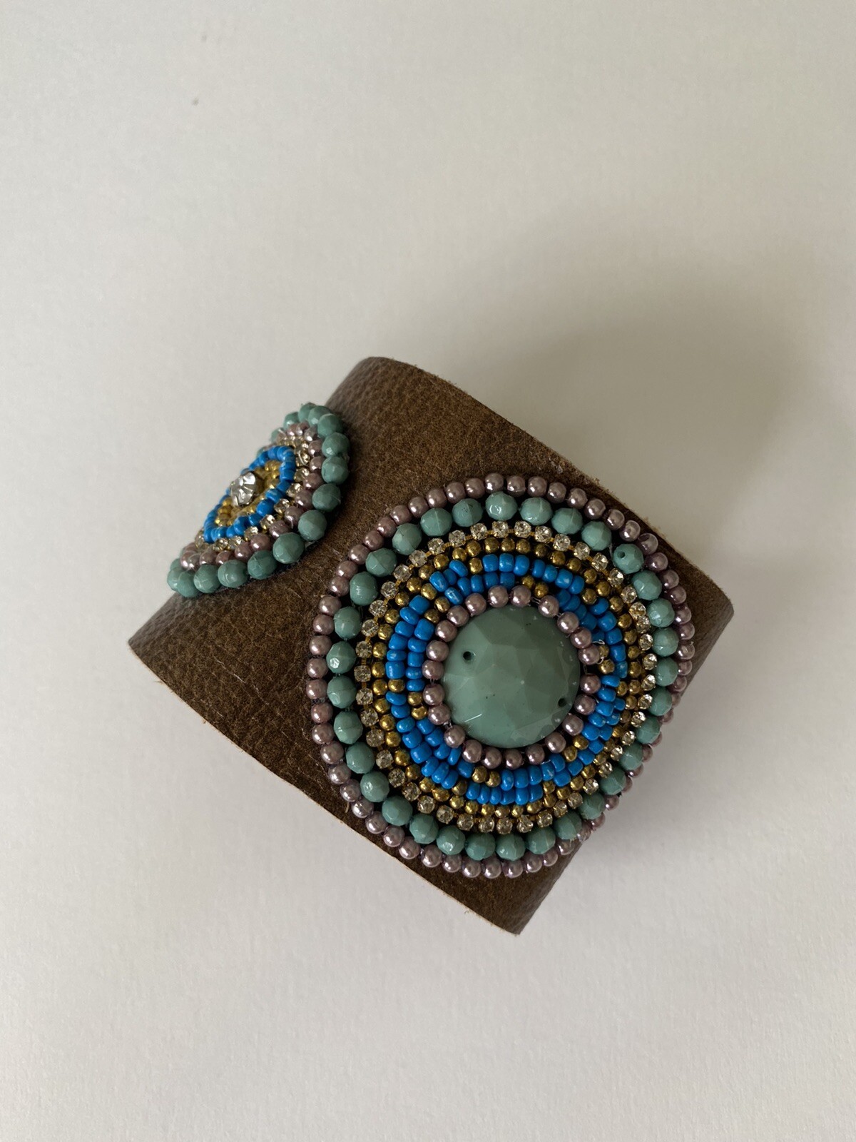 Handmade Faux Blue Green Gold Seed Stone Genuine Brown Leather Bracelet Sz S