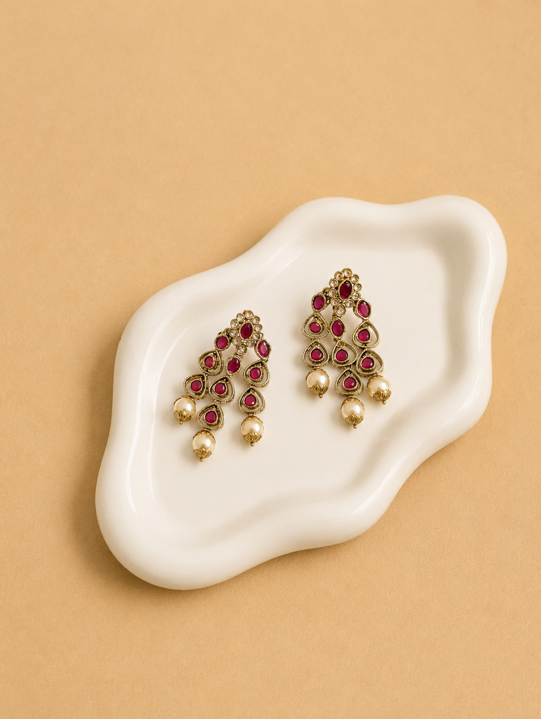 Indian Antique Chandelier Earrings Ruby Pink Stone Pearl Drop Gold Bridal Jhumka