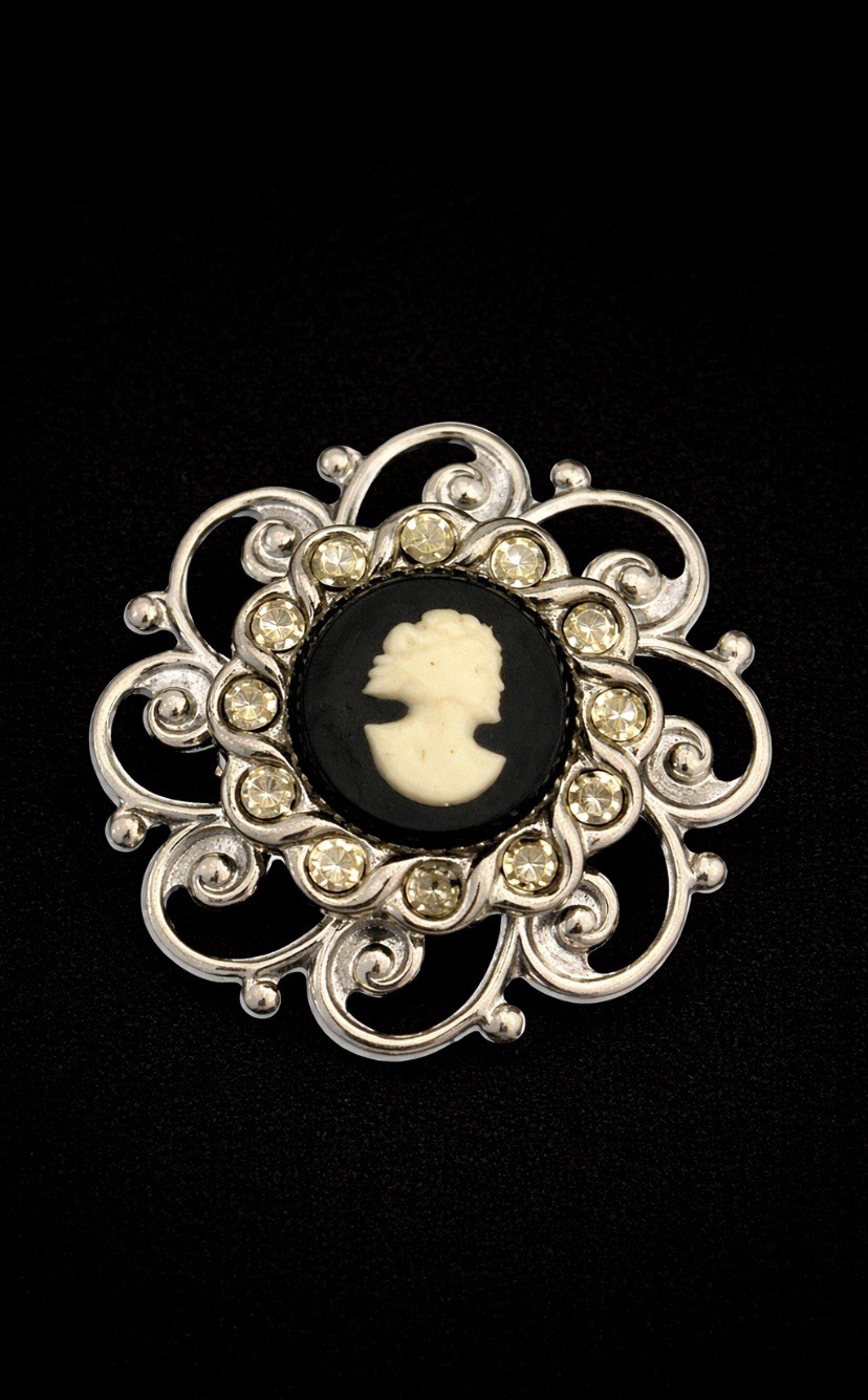 Vintage Cameo Brooch Rhinestone Filigree Silver Tone Black Cream Victorian Style