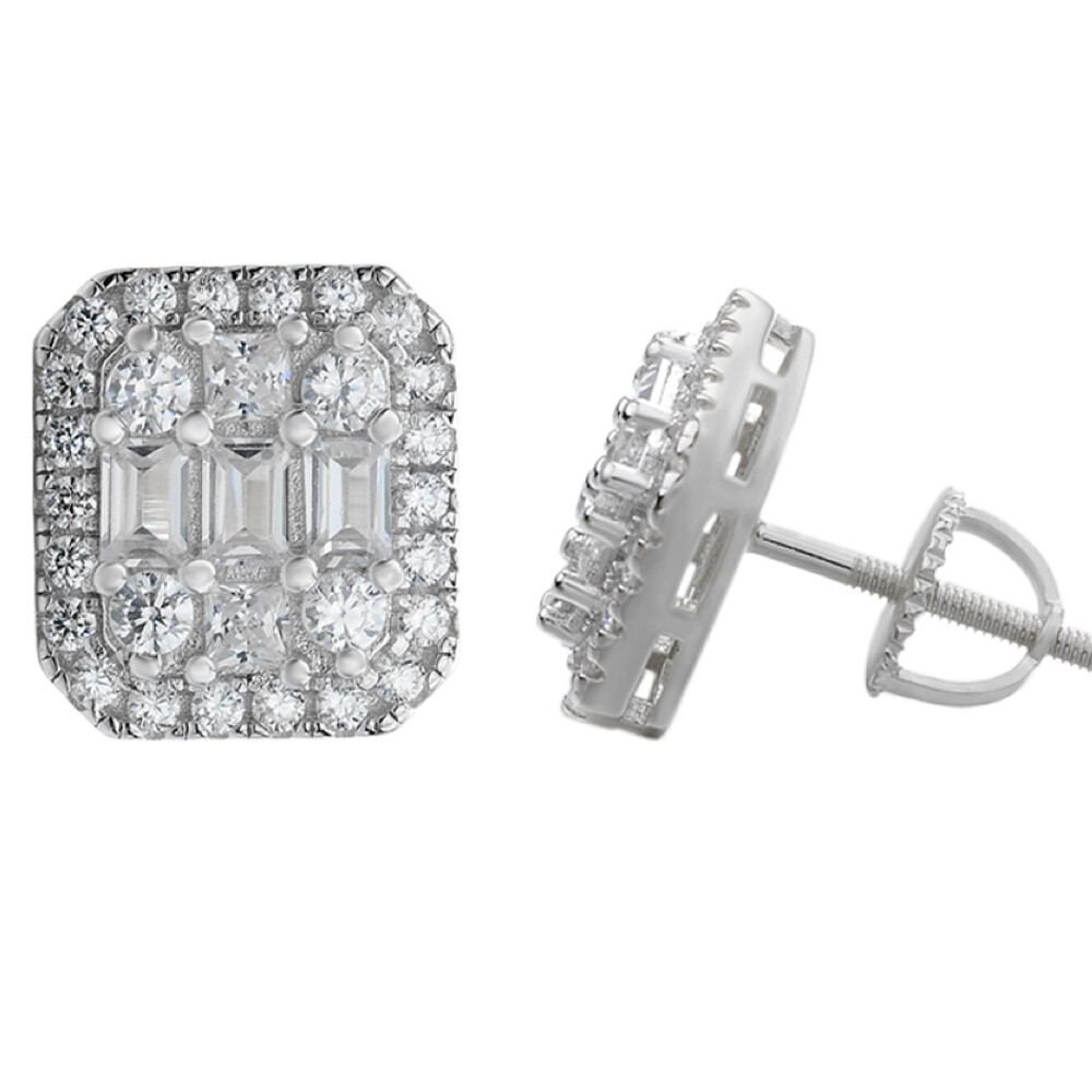 Men’s Real Solid Sterling Silver Baguette Simulated Diamond Hip Hop Earring 925