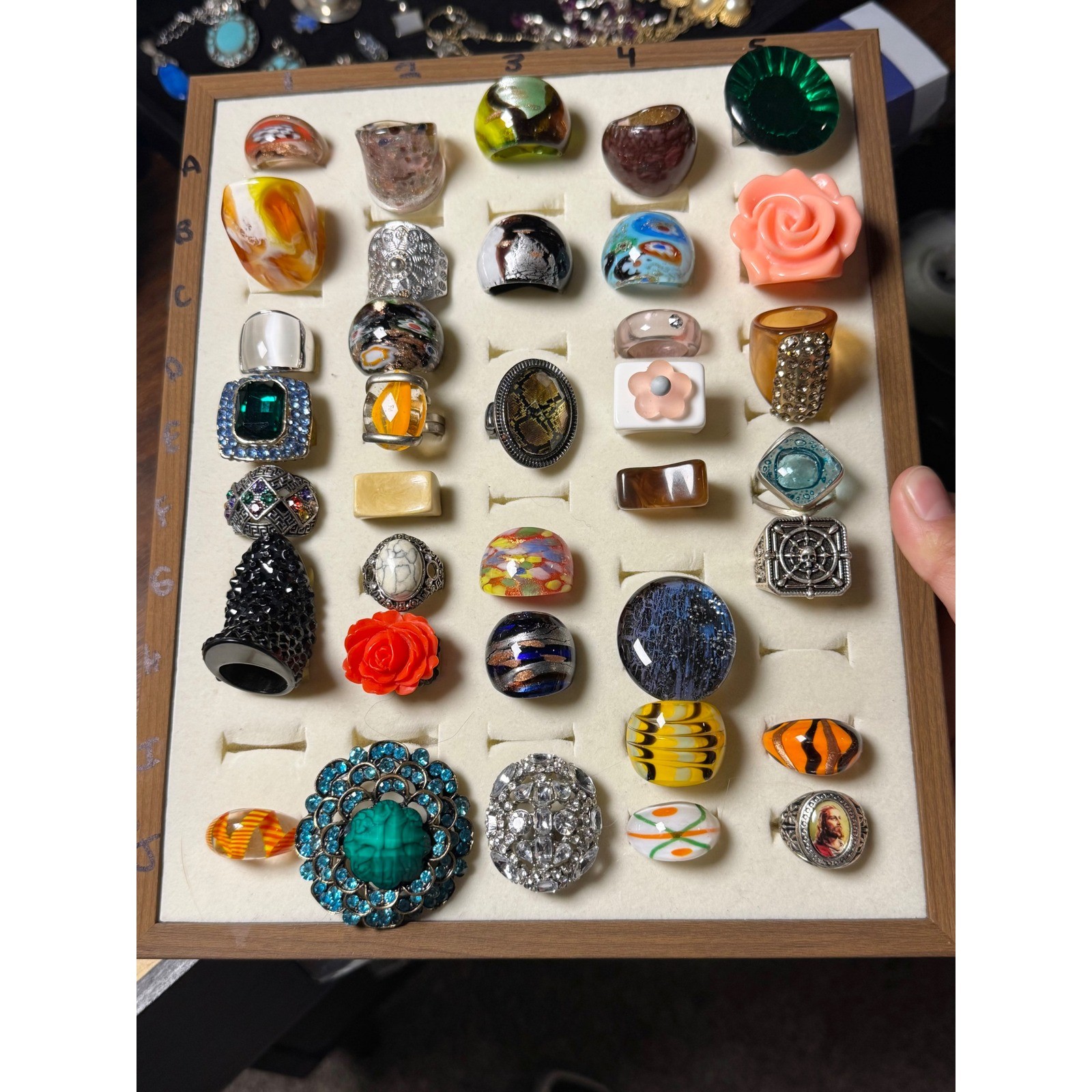 Costume Statement Ring Lot 36 pc Murano Glass Acrylic Resin Silver Tone Boho Mix