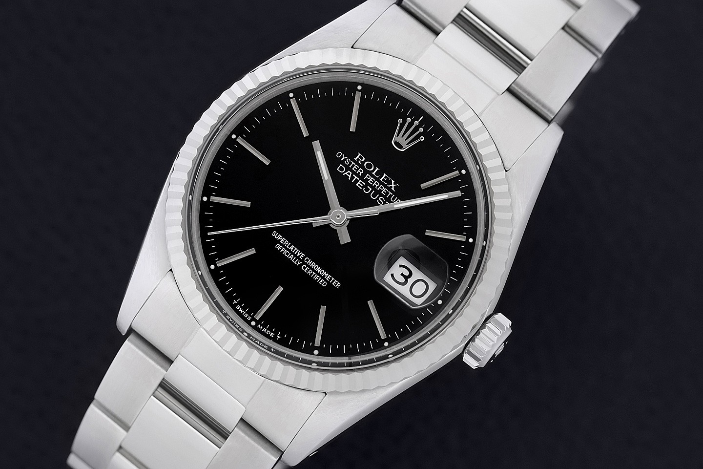 ROLEX MENS DATEJUST 16014 BLACK DIAL 18K WHITE GOLD STEEL OYSTER WATCH