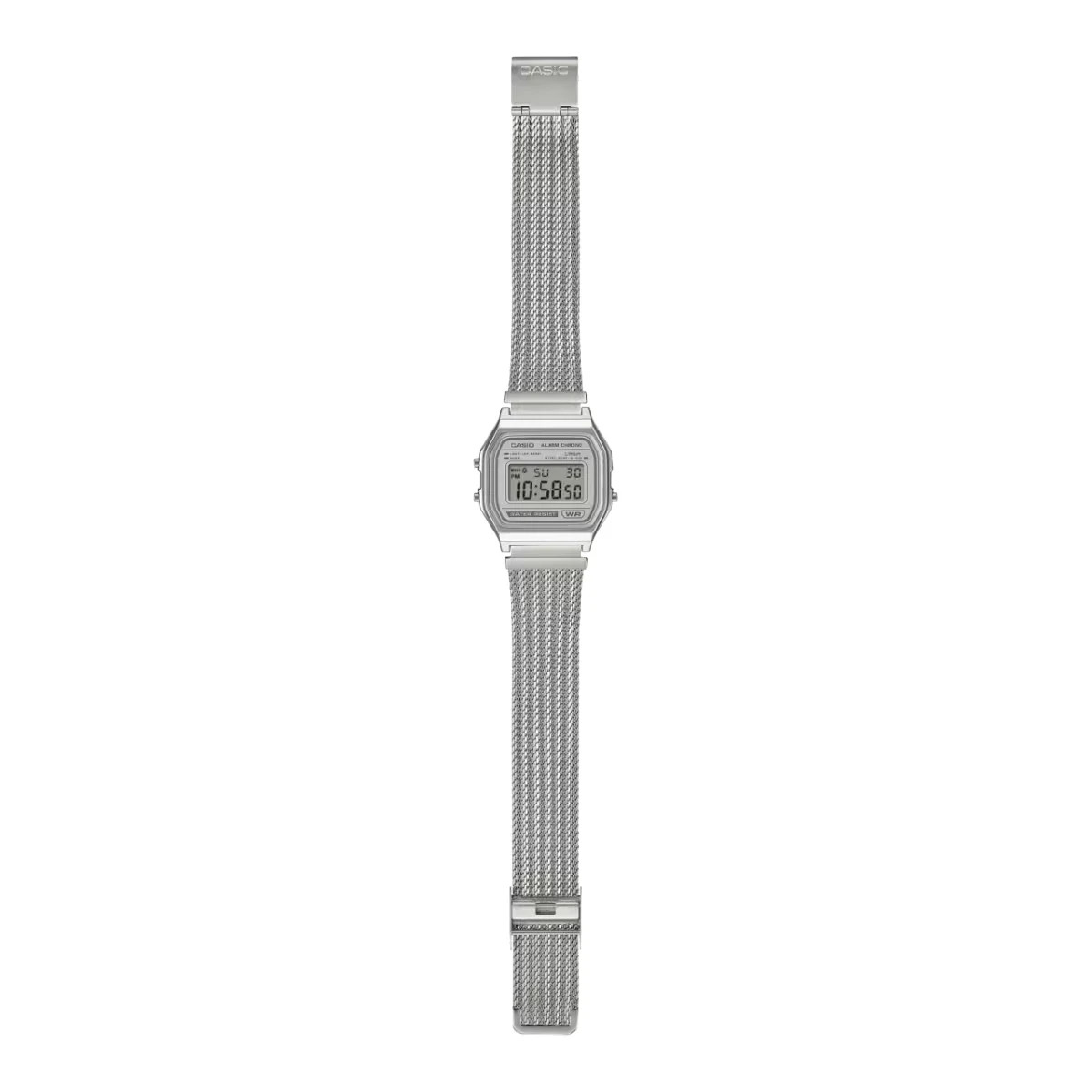 Casio A158WEM-7D Vintage Digital Watch Silver Mesh Band Retro Classic NEW