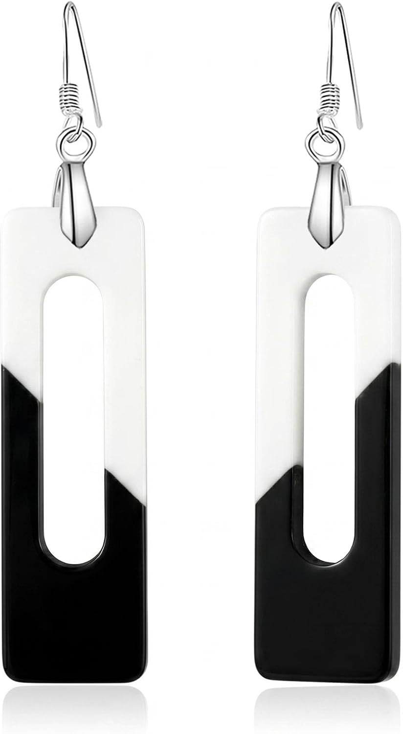 Black White Drop Earrings for Women Rectangle Hollow Geometric Long Dangle Earri