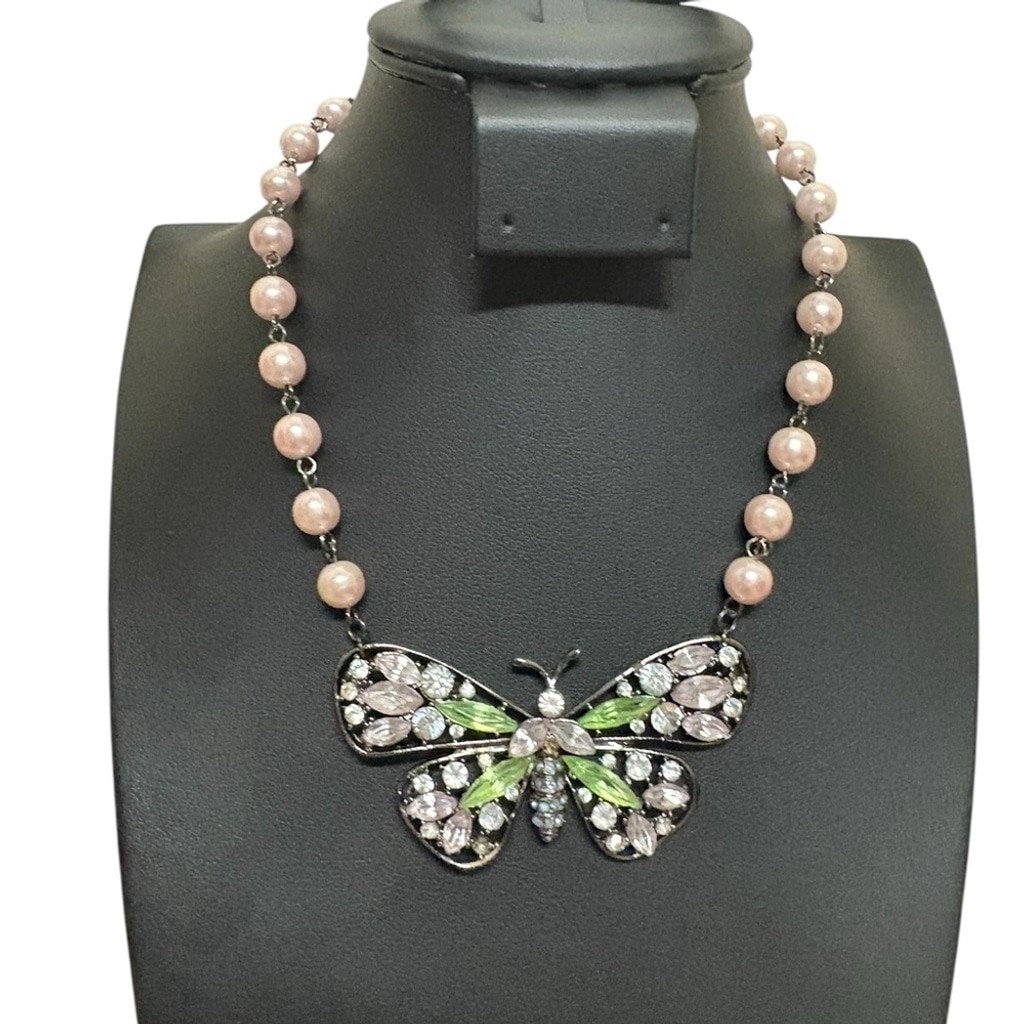 Butterfly necklace pink pearls green white blue gems statement piece glamour EUC