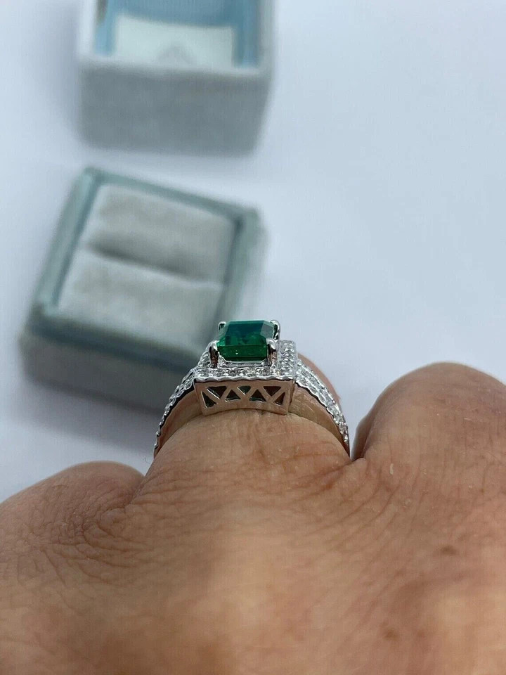 2.00Ct Lab Created Emerald Halo Engagement Ring 14K White Gold Plated