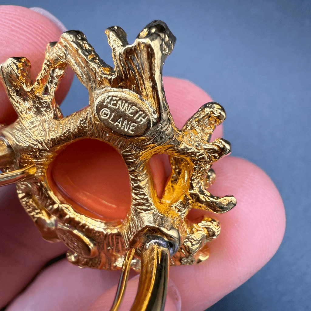Kenneth Jay Lane coral reef adjustable ring orange gemstone set in gold New sz 6