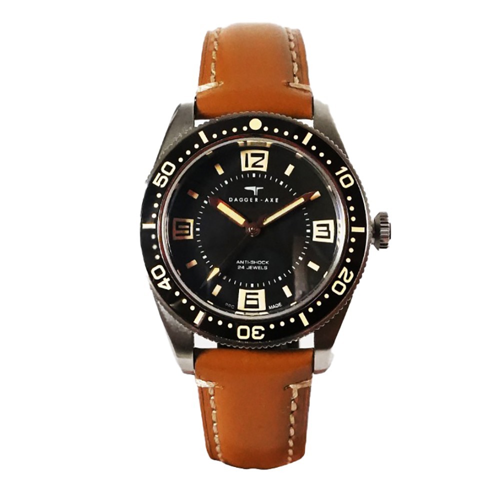 Dagger Axe Oceanic Automatic Steel Black Brown Leather Diver Men’s Watch