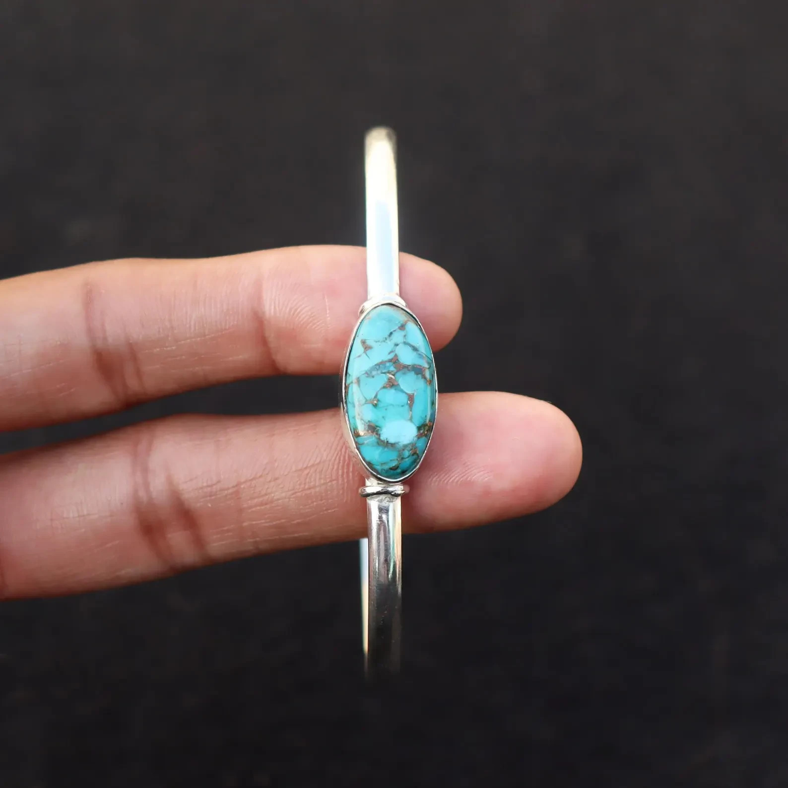 Nice Copper Turquoise Gemstone 925 Sterling Silver Handmade Bracelet Cuff -51