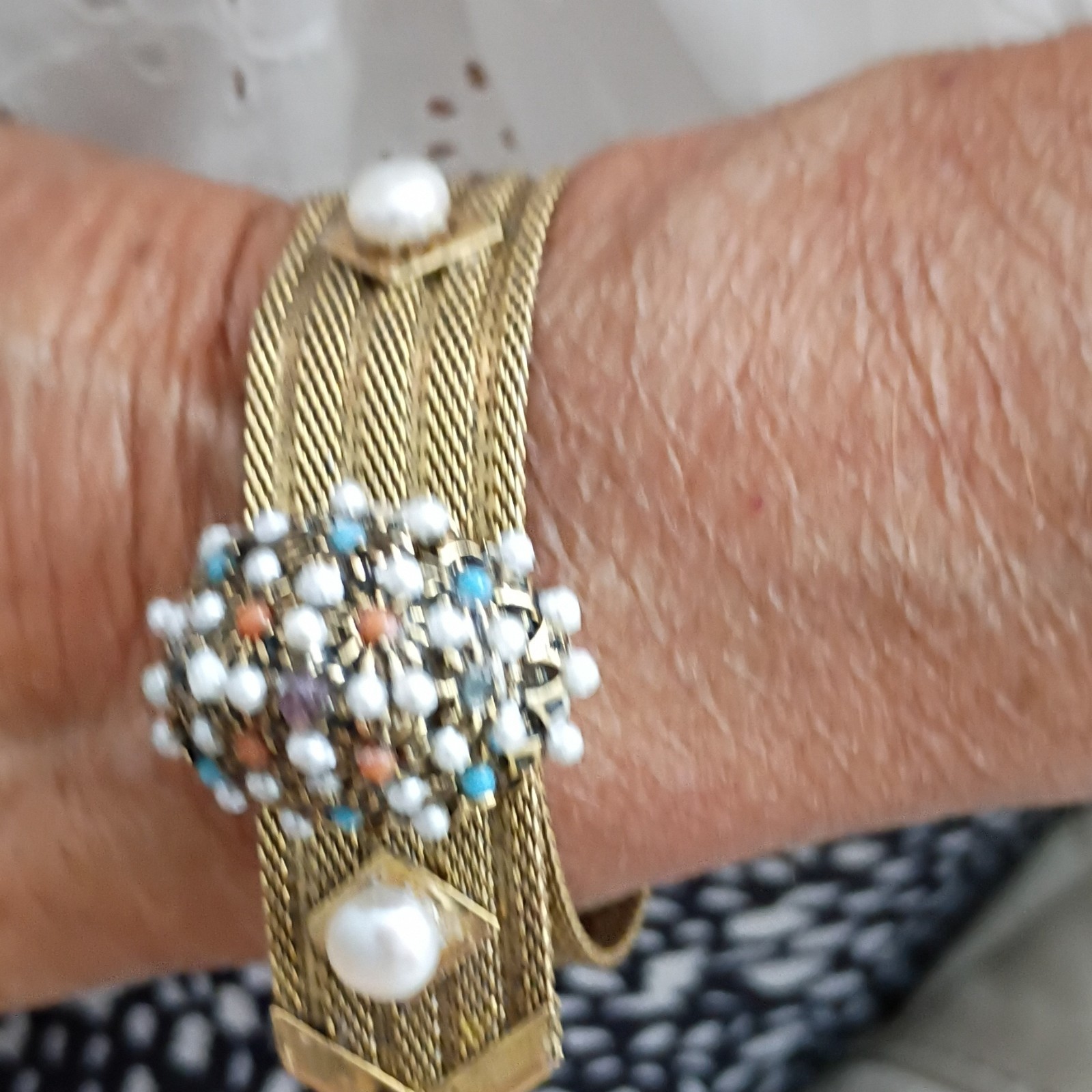 Gold Tone Mesh Cuff Bracelet Faux White Round Pearls Bead Cluster Dangle Charm