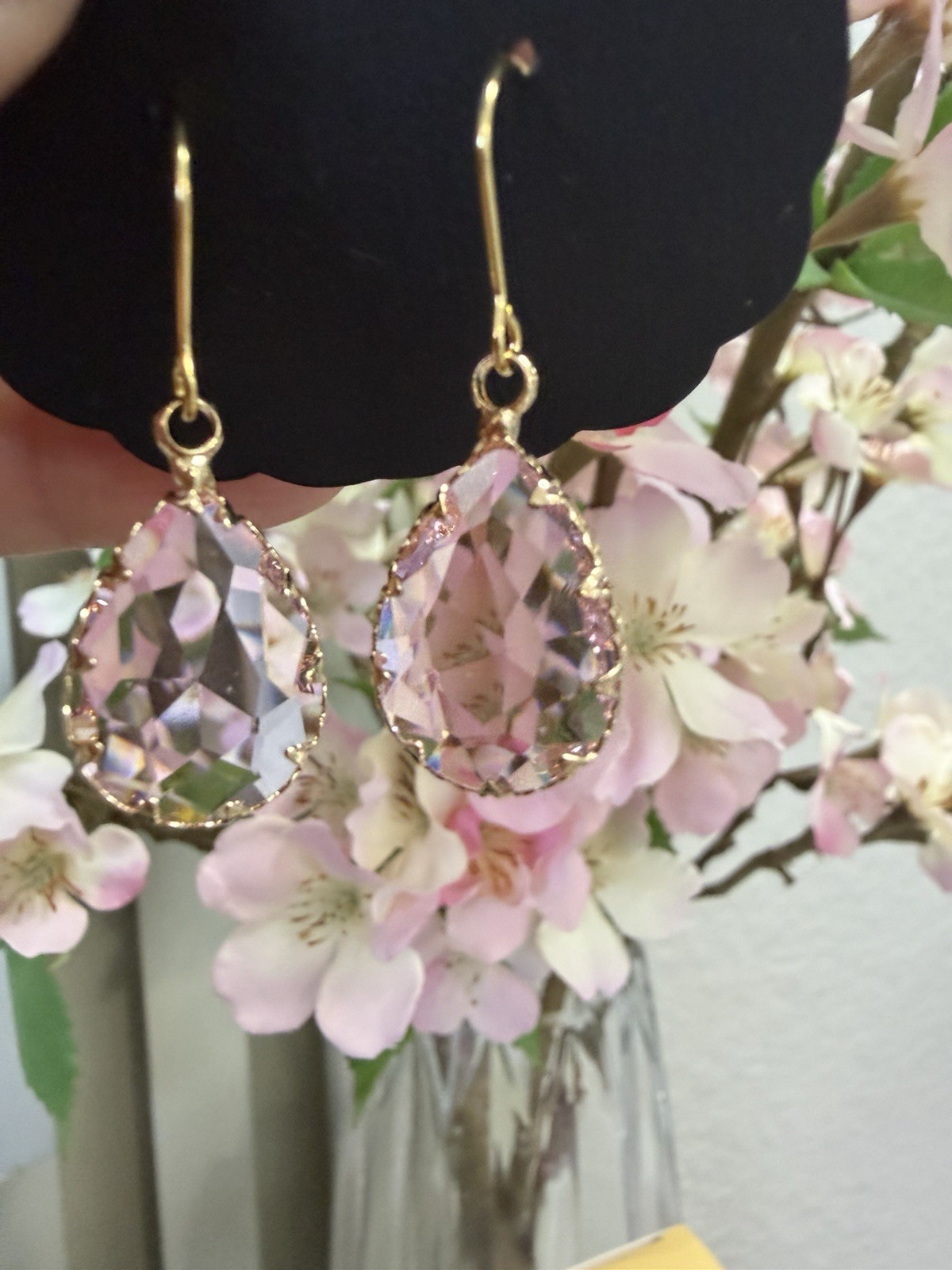 Gold Tone Pink Teardrop Crystal Dangle Drop Hook Earrings Bezel Set